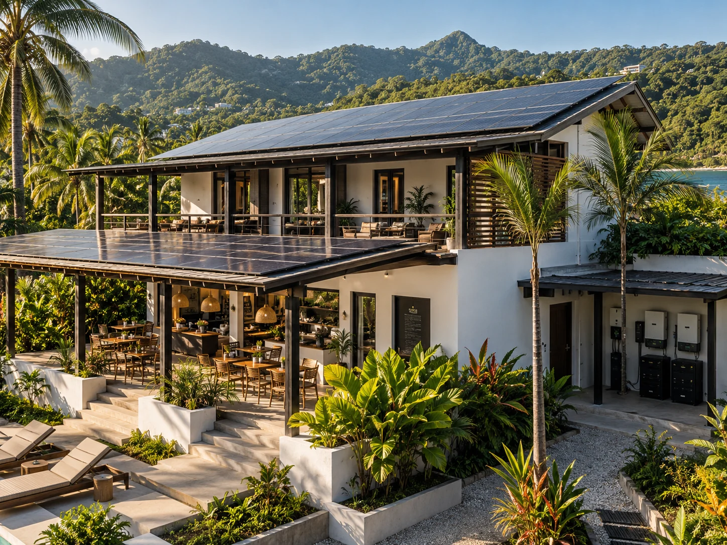 Solar-equipped small business in Costa Rica, AI-generated concept