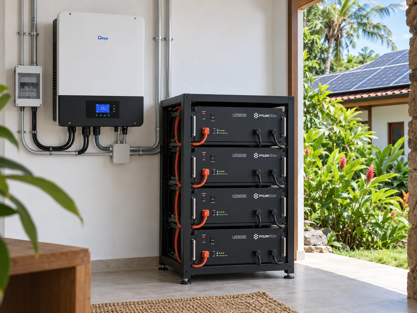 Illustrative Deye-style inverter and Pylontech-style battery rack