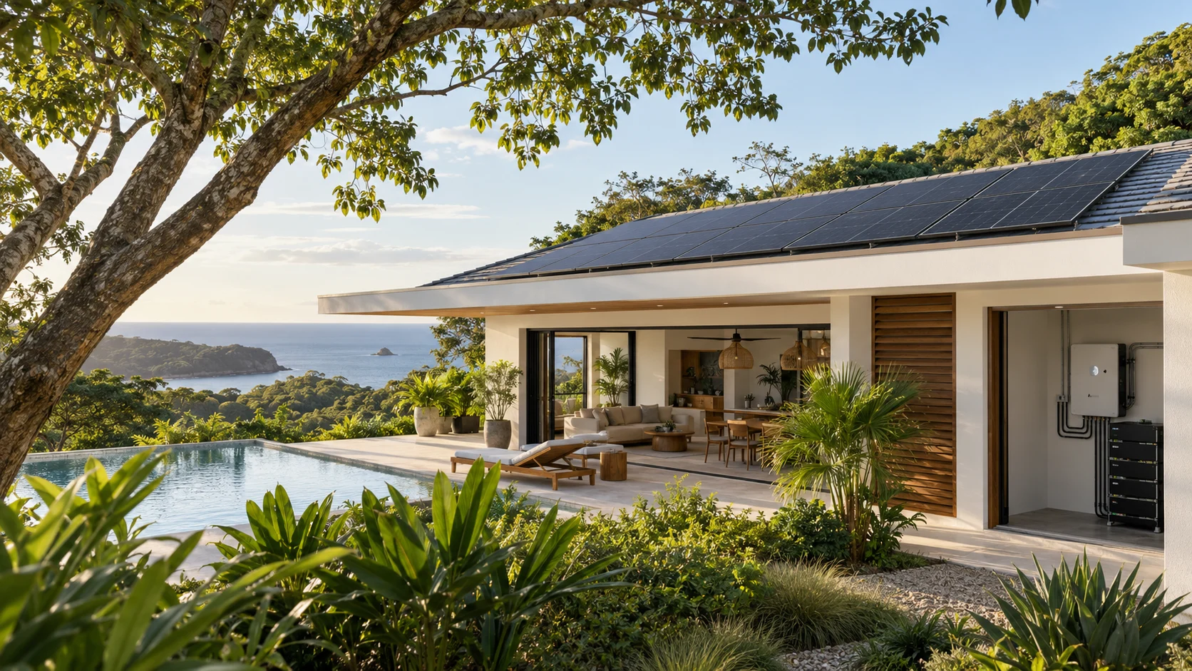 Solar-equipped tropical Costa Rican home, AI-generated concept